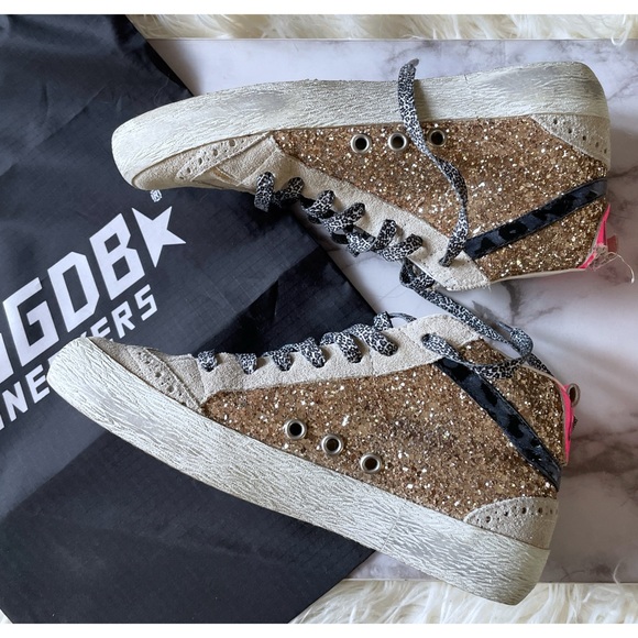 Authentic Golden Goose Mid Star Glitter Upper Maculated Print High top Sneakers - Picture 14 of 16